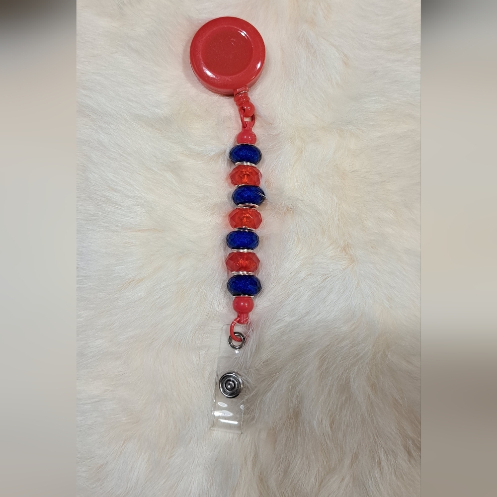 🔥 Firecracker Beaded Badge Reel – Red, Blue & Bold Sparkle